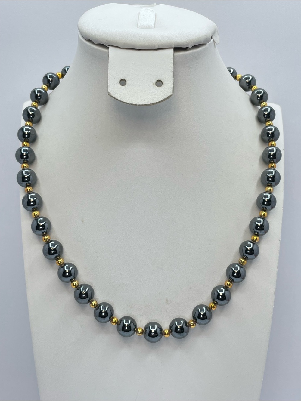 Vintage Hematite Gemstone Gold Beaded Necklace Boho Statement Bold Timeless